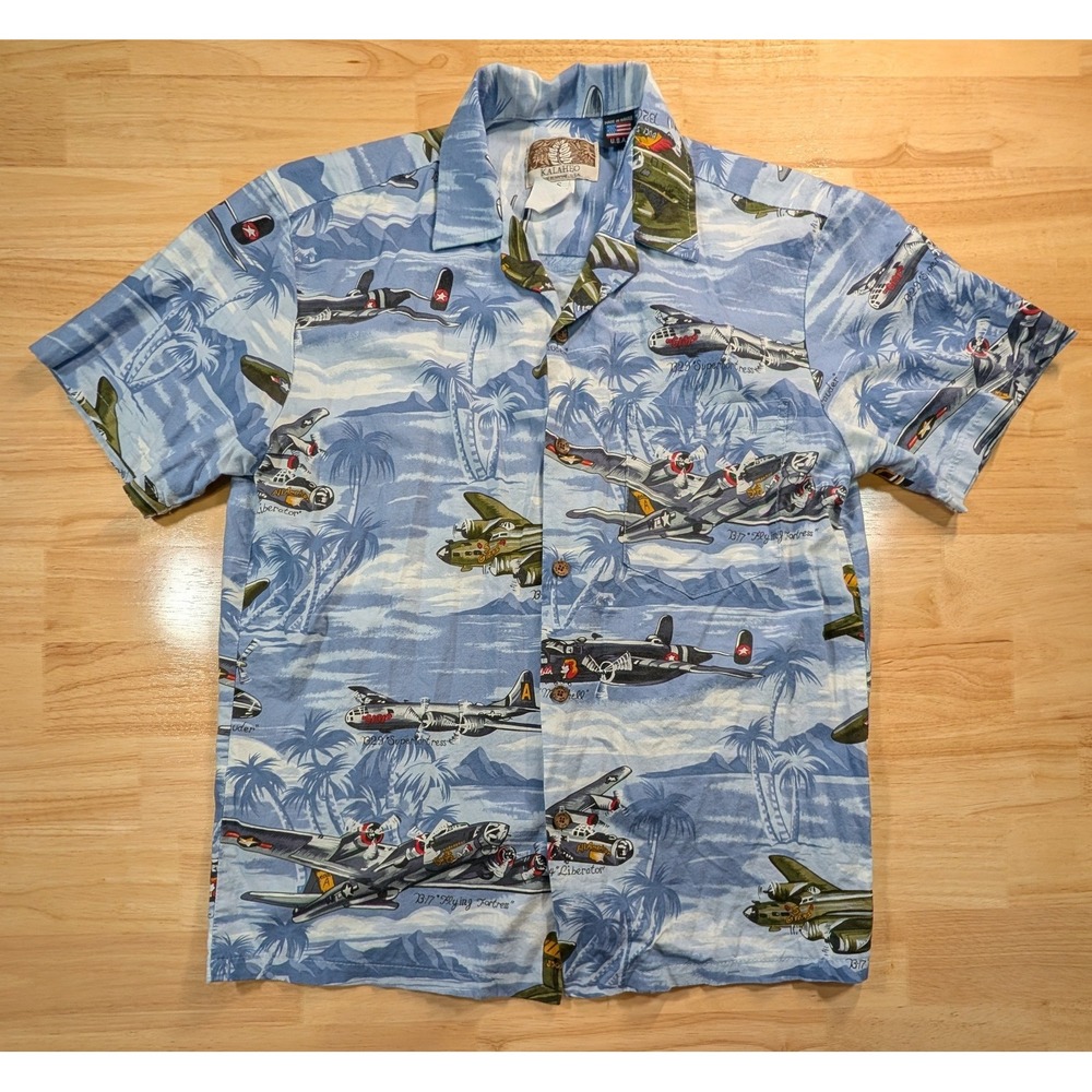 Kalaheo‎ Mens Blue WWII Warbirds Hawaiian Shirt B-17 B-29 Aviation Small